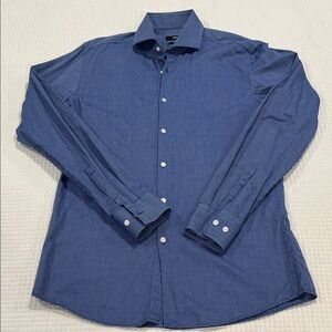 H Hugo Boss Slim Fit Blue Micro Print Button Down Dress Shirt Mens M Luxury